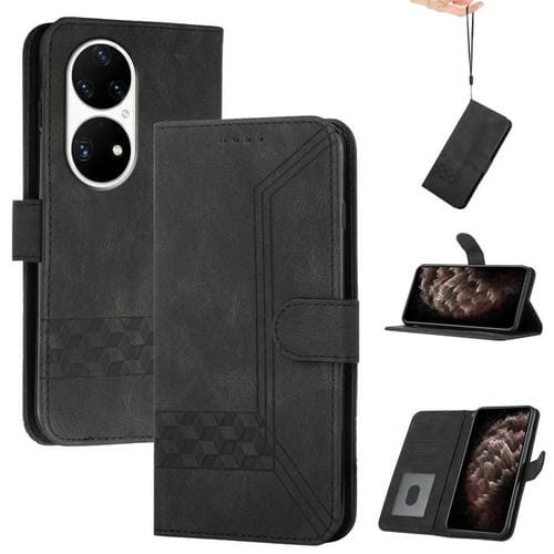 Funda de Cuero con Tapa y Tacto Cúbico para Huawei P50 Pro (Negra)