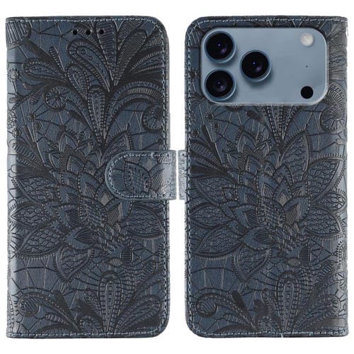 Funda de cuero con tapa y estampado floral para iPhone 17 Pro (azul oscuro)