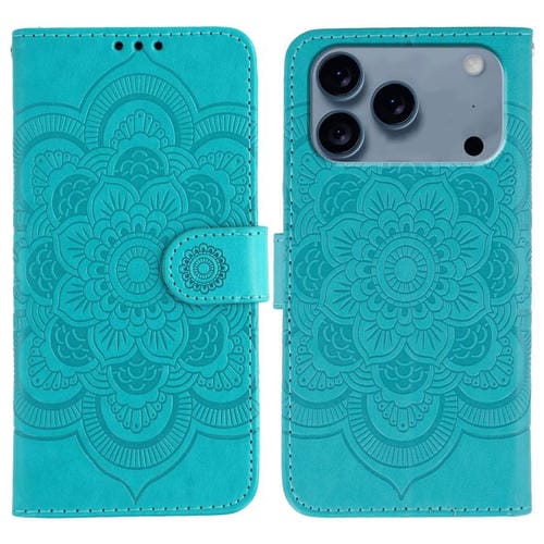 Funda de cuero con estampado de mandala solar para iPhone 17 Pro Max (azul)