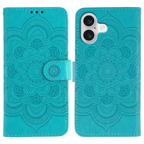 Funda de piel con estampado de mandala solar para iPhone 17 (azul)