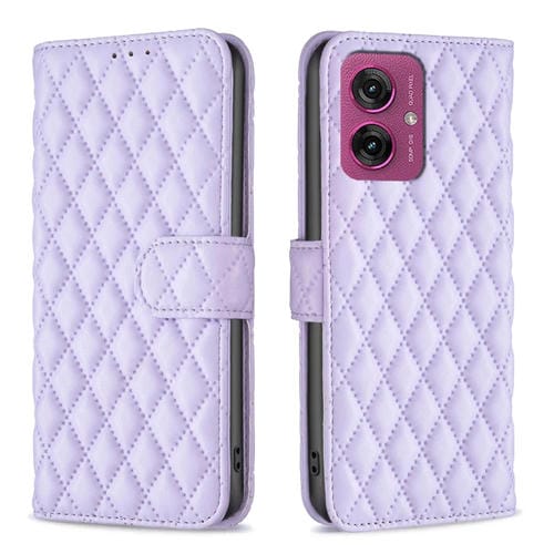 Funda de Cuero Tipo Billetera con Tapa y Diseño Celosía Diamante para Motorola Moto G55 (Morado)