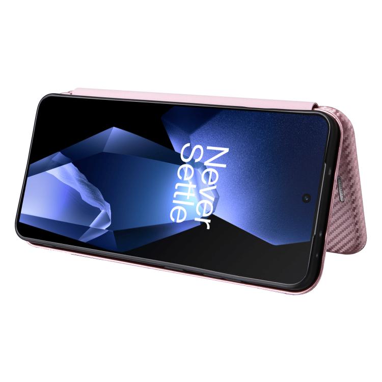 Funda de Cuero con Tapa y Textura de Fibra de Carbono para OnePlus Ace 5 Pro (Rosa)