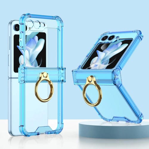 Funda de Silicona Samsung Galaxy Z Flip5 Gkk Airbag Hinge con Soporte para Anillo (Azul Transparente)