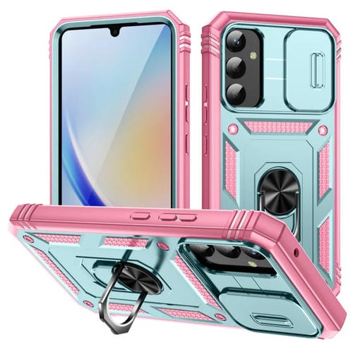 Funda para Samsung Galaxy A34 Sliding Camshield TPU + Soporte PC (Verde + Rosa)