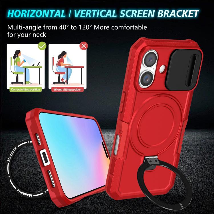 Funda híbrida TPU PC con Soporte Magsafe y Protección deslizante para iPhone 16 Plus (Rojo)