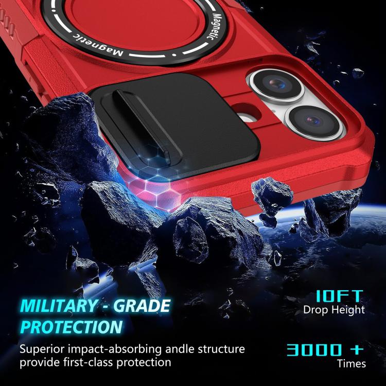 Funda híbrida TPU PC con Soporte Magsafe y Protección deslizante para iPhone 16 Plus (Rojo)