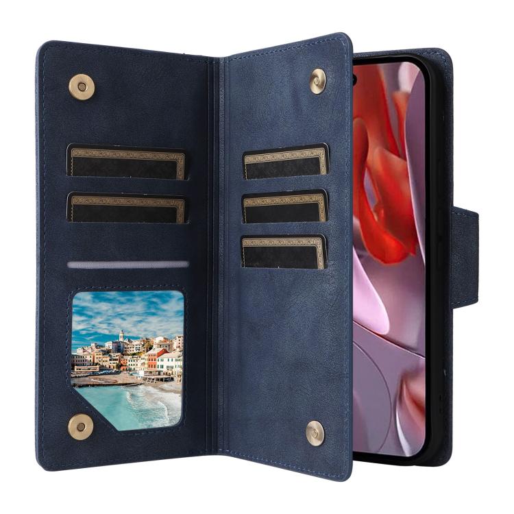 Estuche de Cuero con Tres Pliegues y Hebilla de Remache para Google Pixel 9A (Azul)