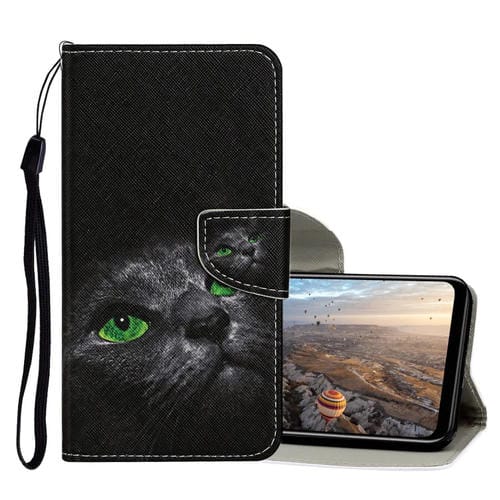 Para Huawei P smart (2020) Estuche de cuero abatible horizontal con patrón de dibujo coloreado con soporte, ranuras para tarjetas y billetera (gato negro)