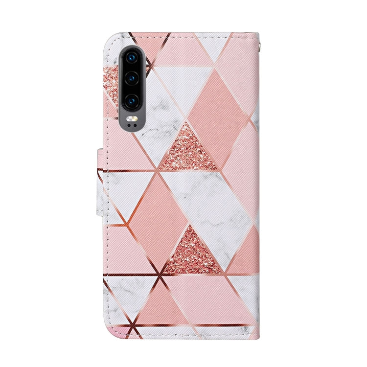 Para Huawei P30 Funda de cuero con tapa horizontal con patrón de dibujo coloreado con soporte, ranuras para tarjetas y billetera (mármol)