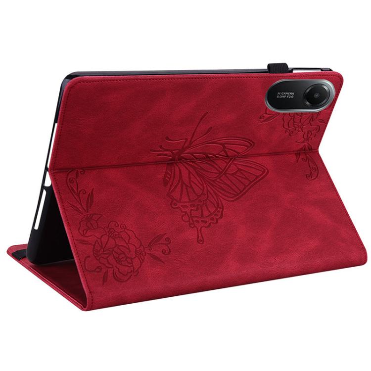 Funda de cuero con estampado de mariposas y flores para Redmi Pad 2 / Redmi Pad SE 11 2025 (roja)