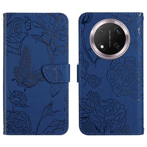 Funda de Cuero con Tapa y Mariposas en Relieve para Honor X9C Ht03 (Azul)