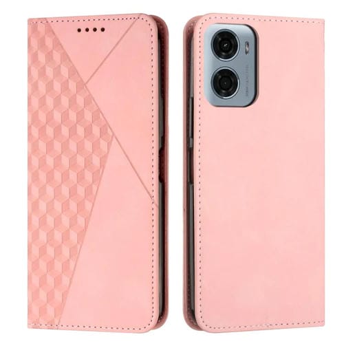 Funda de Cuero Magnética Motorola Moto G05 con Diseño de Diamante y Tacto de Piel (Oro Rosa)
