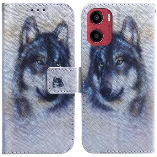 Funda de Cuero con Tapa y Dibujo a Color para Motorola Moto G05/E15 (Lobo Blanco)