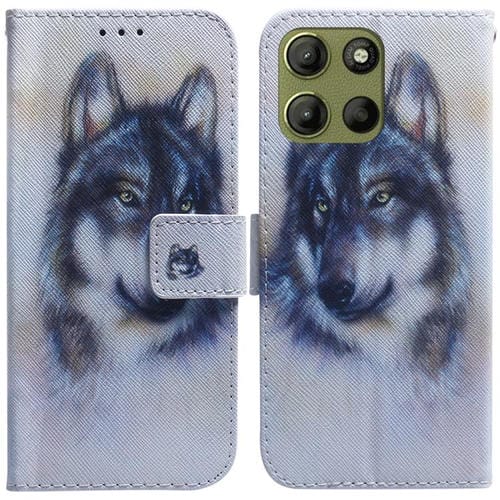 Funda de Cuero con Tapa para Motorola Moto G15 con Dibujo a Color (Lobo Blanco)