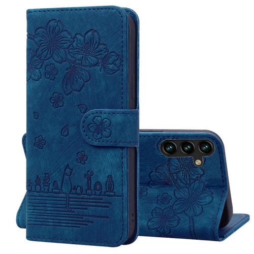Funda para Teléfono Samsung Galaxy A35 5G Cuero Relieve Gato Sakura (Azul Real)