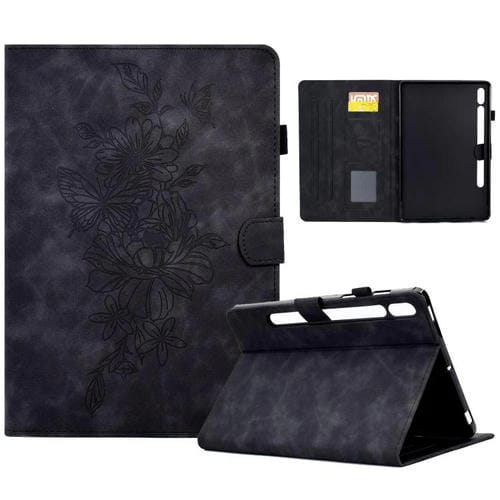Funda de cuero con relieve de mariposa y peonía para Samsung Galaxy Tab S10 FE+ (negra)