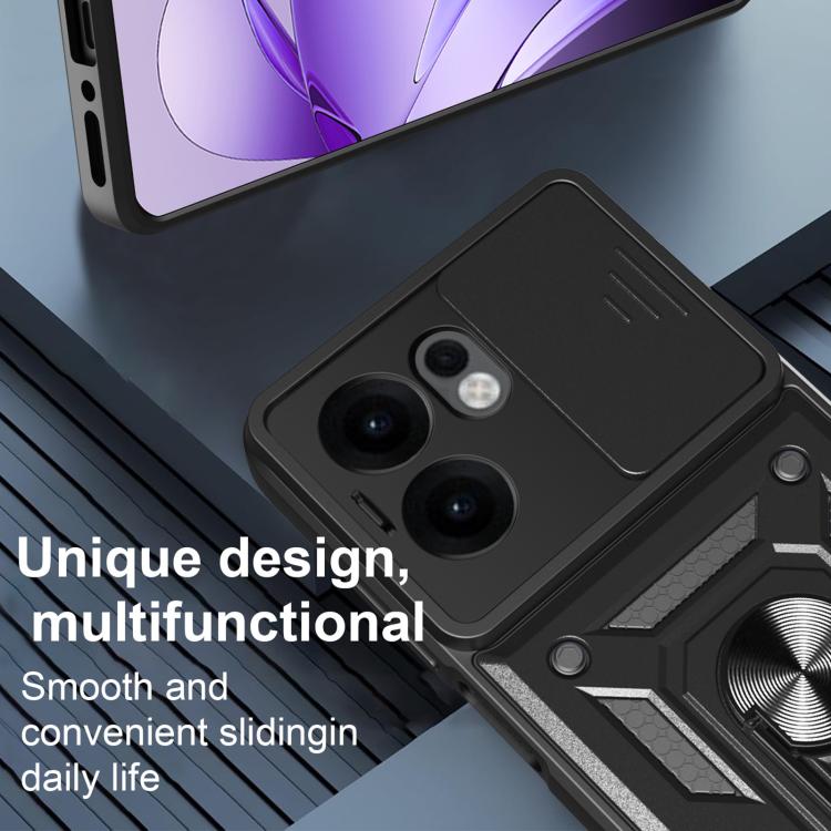 Funda Híbrida de TPU y PC con Diseño de Cámara Deslizante para Oppo Reno13 F 4G/5G (Dorada)