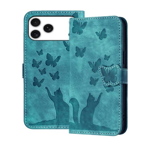 Funda de cuero con tapa y estampado de mariposa y gato para iPhone 17 Pro Max (Wathet)