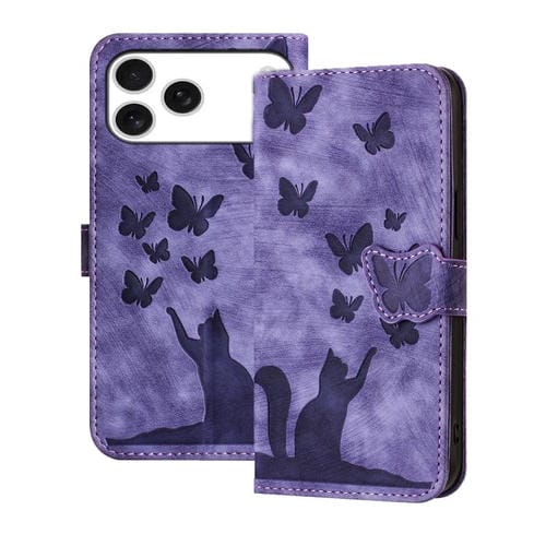 Funda de cuero con tapa y estampado de mariposa y gato para iPhone 17 Pro (morada)