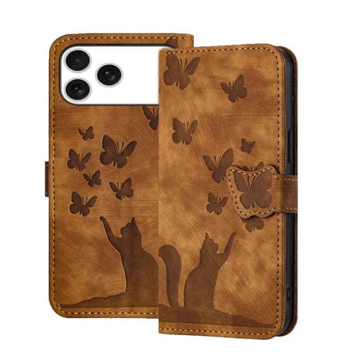 Funda de cuero con tapa y estampado de mariposa y gato para iPhone 17 Pro (marrón)