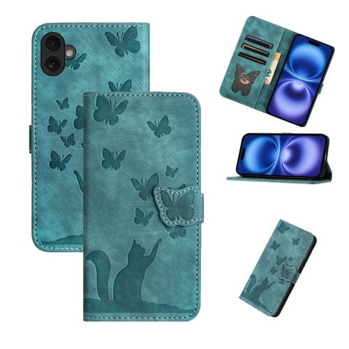Funda de cuero con tapa y estampado de mariposa y gato para iPhone 17 (Wathet)