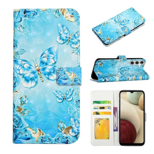 Funda de Cuero para Samsung Galaxy A14 5G con Dibujo 3D en Relieve al Óleo (Mariposas Azules)