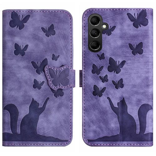 Funda para Teléfono Samsung Galaxy A55 Cuero con Tapa en Relieve Butterfly Cat (Púrpura)