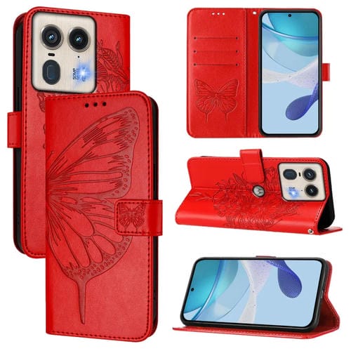 Funda de Cuero Motorola Edge 50 5G con Diseño de Mariposa en Relieve (Rojo)