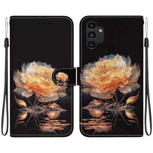 Funda de Cuero Samsung Galaxy A13 4G con Dibujo Coloreado y Textura de Cristal (Peonía Dorada)