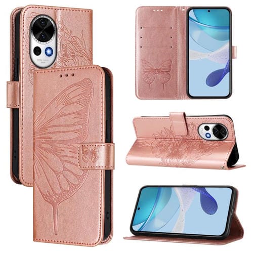 Funda de Cuero Huawei Nova 13/Nova 12 con Diseño Mariposa en Relieve (Oro Rosa)