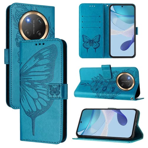 Funda de Cuero con Mariposas en Relieve para Honor X9C 5G (Azul)