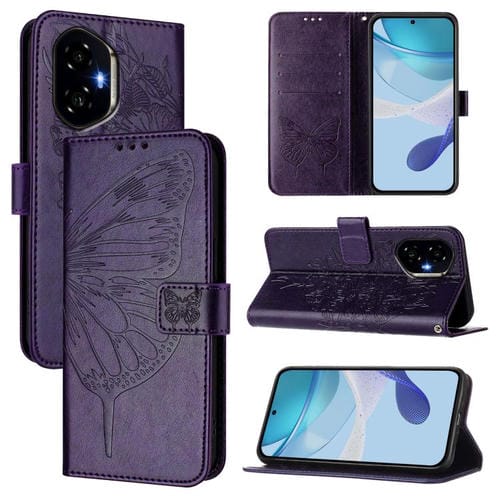 Funda de Cuero con Mariposa en Relieve para Honor 300 (Morado Oscuro)