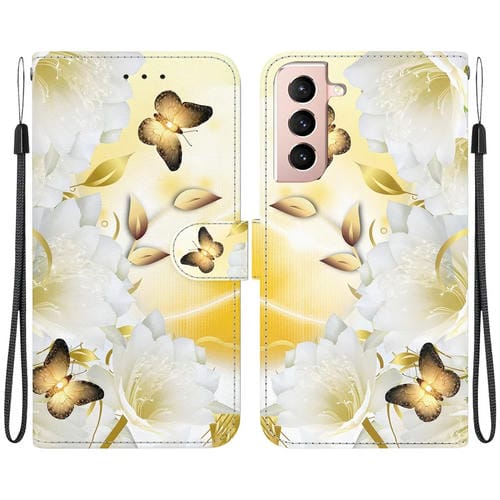 Estuche de Cuero para Samsung Galaxy S22 + 5G con Dibujo Coloreado y Textura de Cristal (Epiphyllum de Mariposa Dorada)