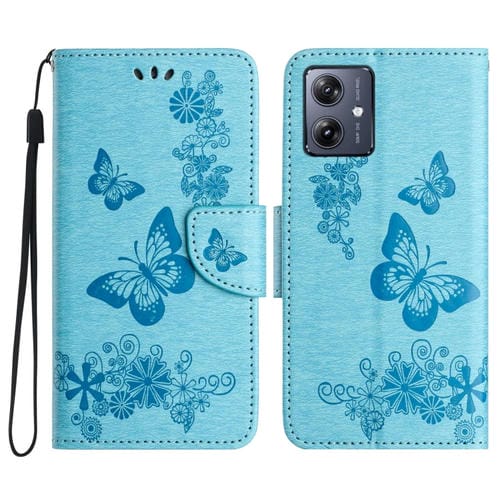 Funda de Cuero con Tapa y Mariposas en Relieve para Motorola Moto G55 (Azul)