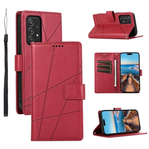 Funda para Teléfono Samsung Galaxy A52 5G PU con Línea en Relieve y Textura de Cuero Genuino (Rojo)