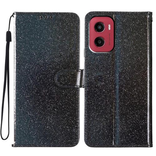 Funda de Cuero con Tapa y Purpurina para Motorola Moto G05 (Negra)