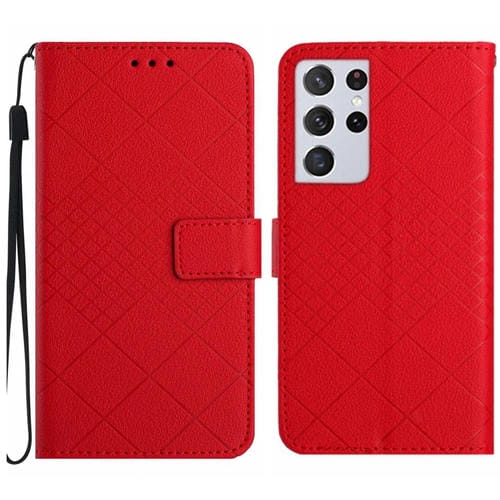Funda de Cuero Samsung Galaxy S21 Ultra 5G Textura Rejilla Rómbica (Rojo)