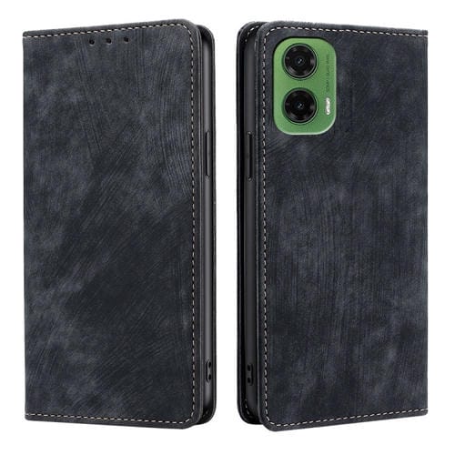 Funda de Cuero Magnética con Cepillo Antirrobo RFID para Motorola Moto G35 5G (Negro)