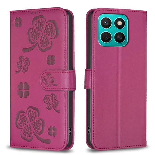 Funda de Cuero con Relieve de Cuatro Hojas para Honor X8C 4G (Rosa Rojo)