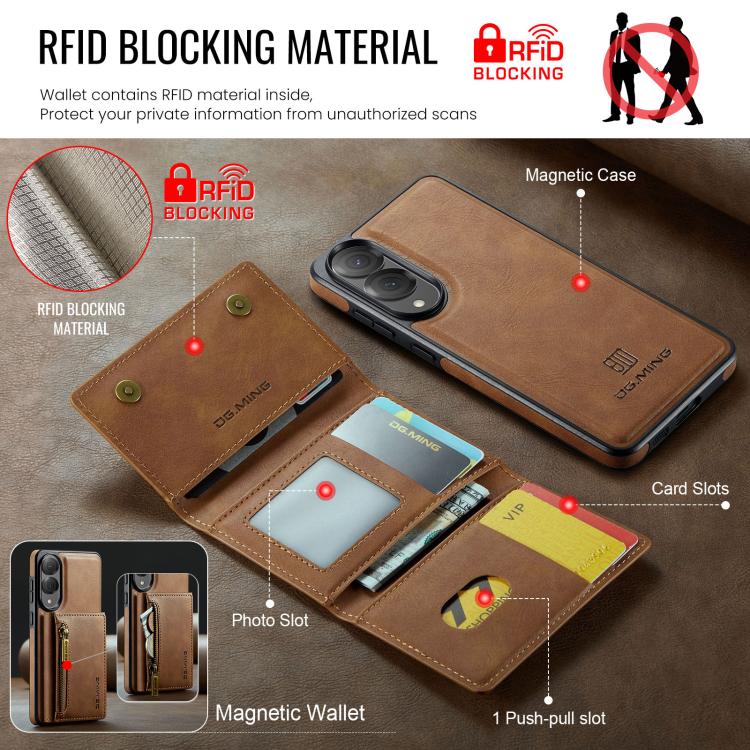 Funda de cuero desmontable con cremallera RFID para Samsung Galaxy S25 Edge 5G DG.MING M5 Series (marrón)