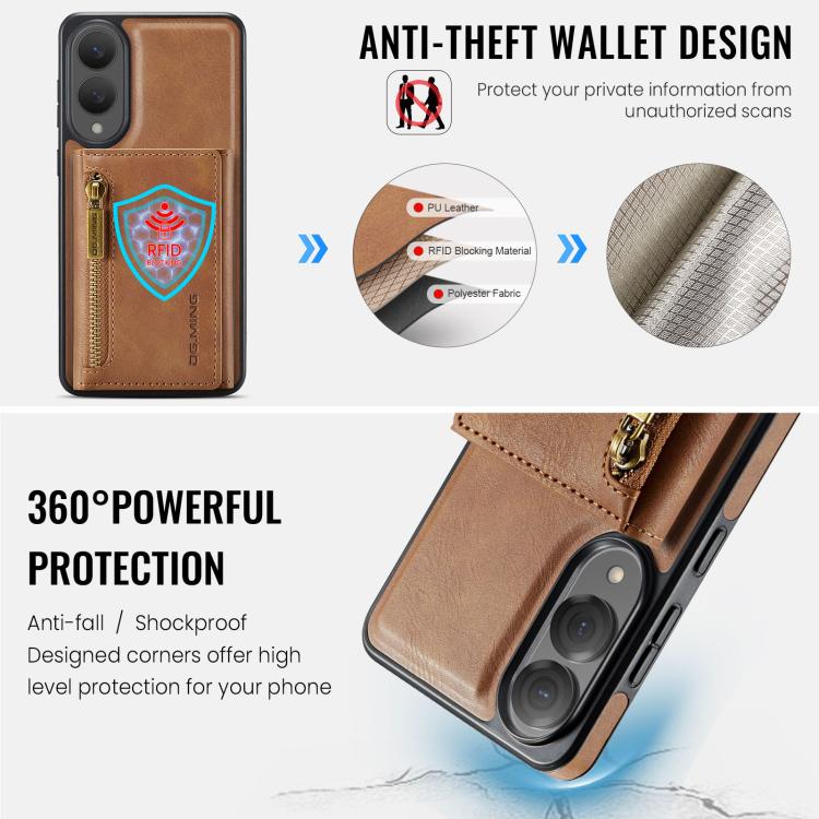 Funda de cuero desmontable con cremallera RFID para Samsung Galaxy S25 Edge 5G DG.MING M5 Series (marrón)