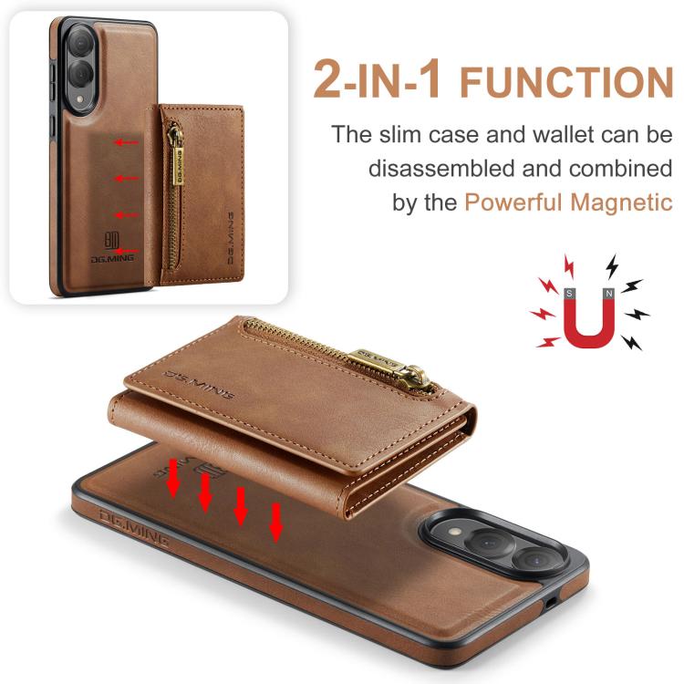 Funda de cuero desmontable con cremallera RFID para Samsung Galaxy S25 Edge 5G DG.MING M5 Series (marrón)