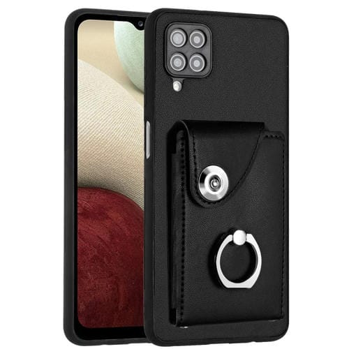 Funda para Teléfono Samsung Galaxy A12 PU con Soporte para Anillo y Bolsa para Tarjeta (Negro)