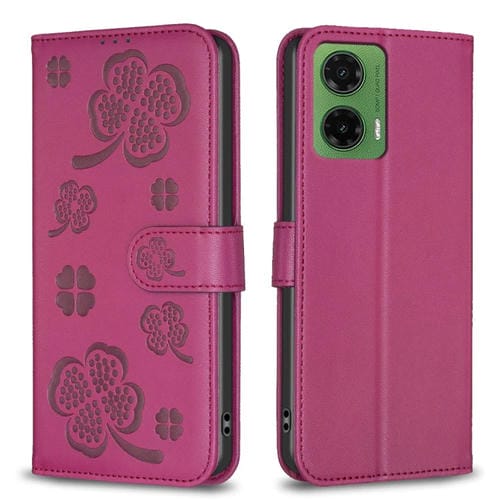 Funda de Cuero con Relieve de Cuatro Hojas para Motorola Moto G35 (Rosa Rojo)