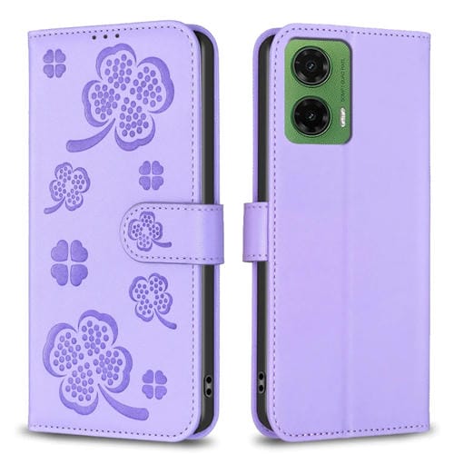 Funda de Cuero con Relieve Cuatro Hojas para Motorola Moto G35 (Morado)