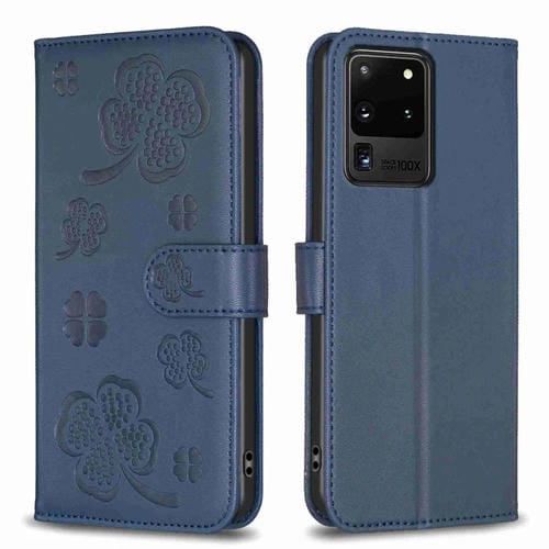 Funda para Samsung Galaxy S20 Ultra de Cuero con Relieve de Cuatro Hojas (Azul)