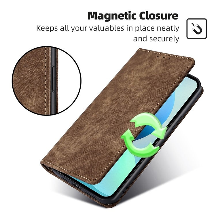 Funda de Cuero Magnética con Cepillo Antirrobo Rfid para Teléfono Itel A50C 4G (Marrón)
