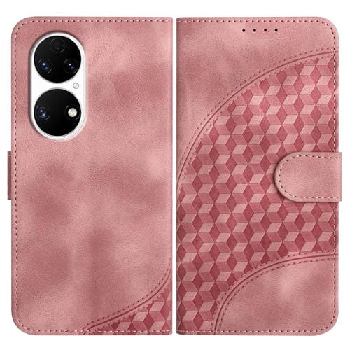 Funda de Cuero Huawei P50 con Relieve Cabeza de Elefante y Cordón (Rosa)