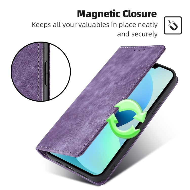 Funda de Cuero Magnética con Cepillo Antirrobo RFID para TCL 50 XL (Morado)