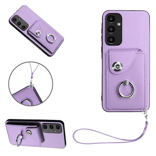 Bolsa para Tarjeta de Órgano Funda para Teléfono Samsung Galaxy A55 con Soporte para Anillo y Cordón (Púrpura)